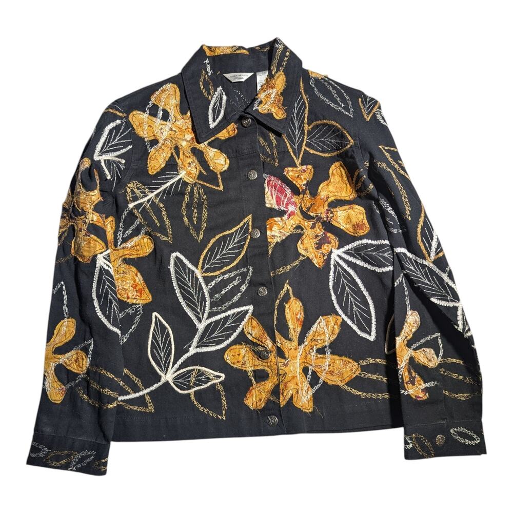 Vtg Y2K Laura Ashley Black Yellow Floral Applique Embroidered Cotton Jacket P M